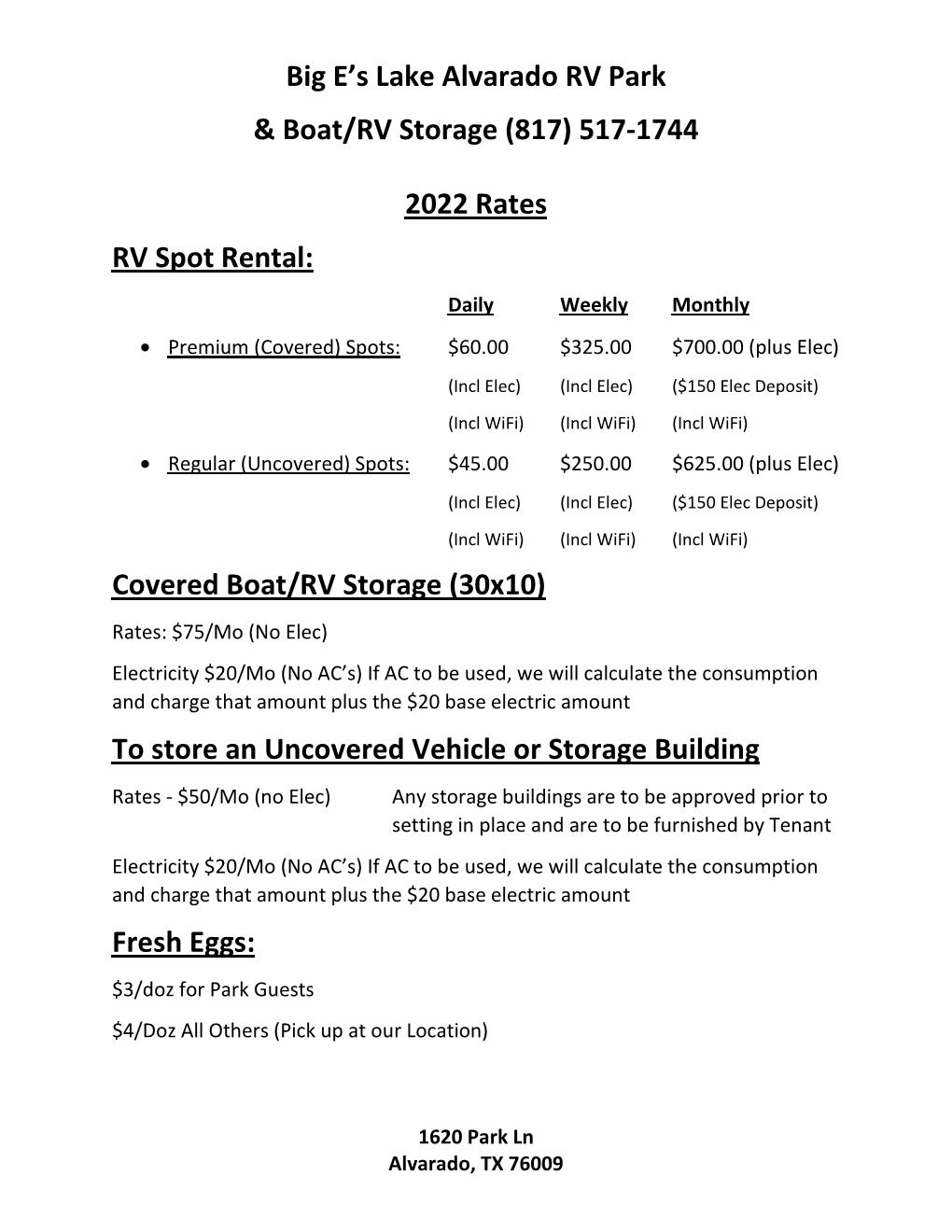 Big Es Lake Alvarado RV Park & Boat Repair/Storage | 1620 Park Ln, Alvarado, TX 76009 | Phone: (817) 517-1744