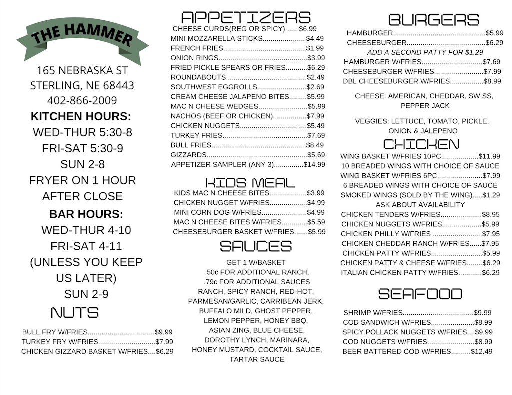 The Hammer Bar & Grill | 165 Nebraska St, Sterling, NE 68443, USA | Phone: (402) 866-2009