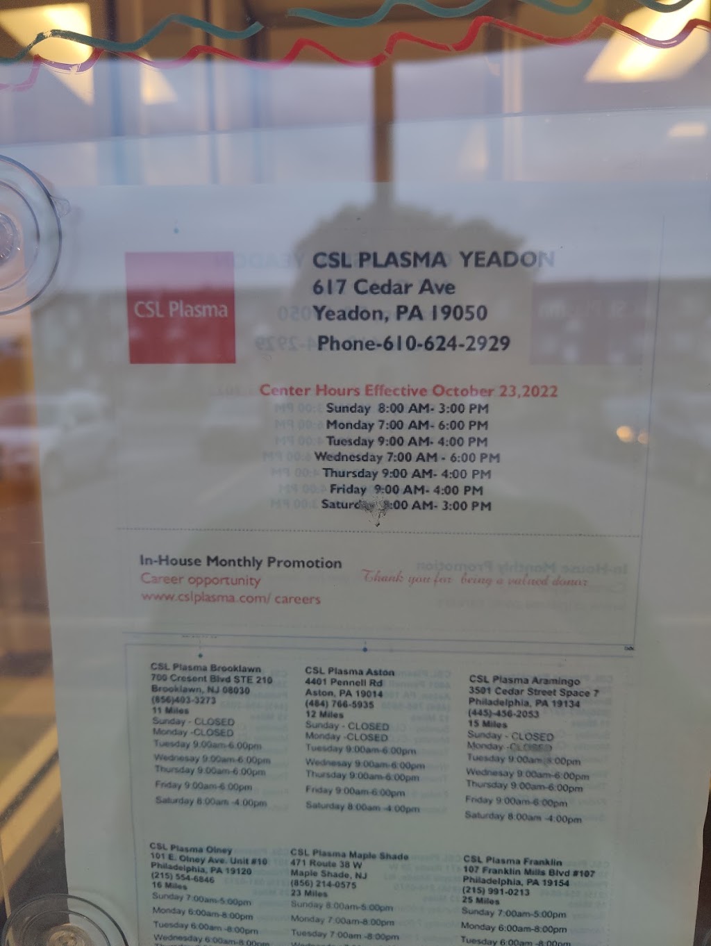 CSL Plasma | 617 Cedar Ave, Yeadon, PA 19050, USA | Phone: (610) 624-2929