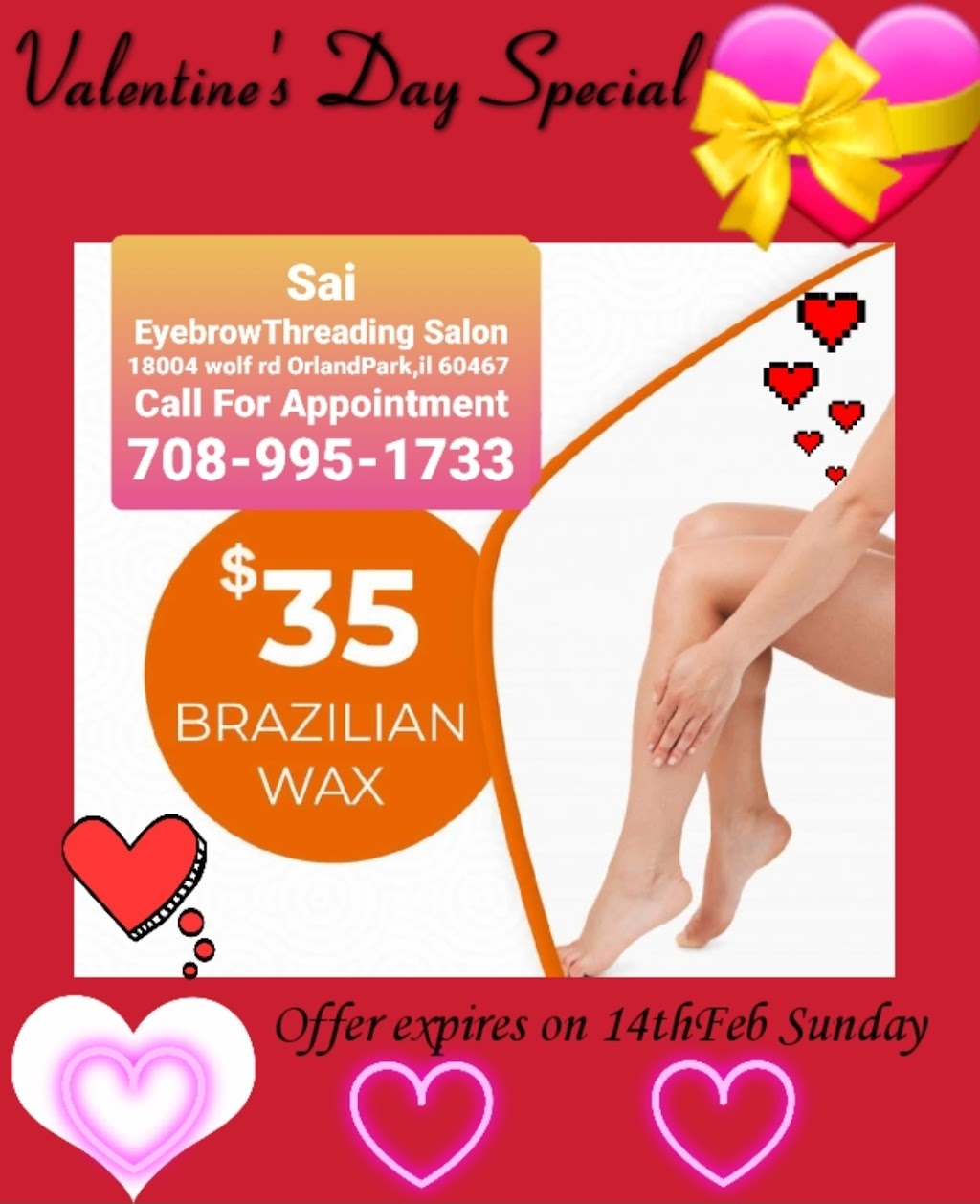 Sai Eyebrow Threading Salon | 18004 Wolf Rd, Orland Park, IL 60467, USA | Phone: (708) 995-1733