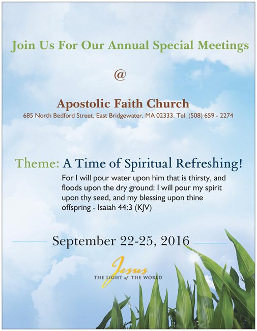 Apostolic Faith Church | 685 N Bedford St, East Bridgewater, MA 02333, USA | Phone: (508) 659-2274