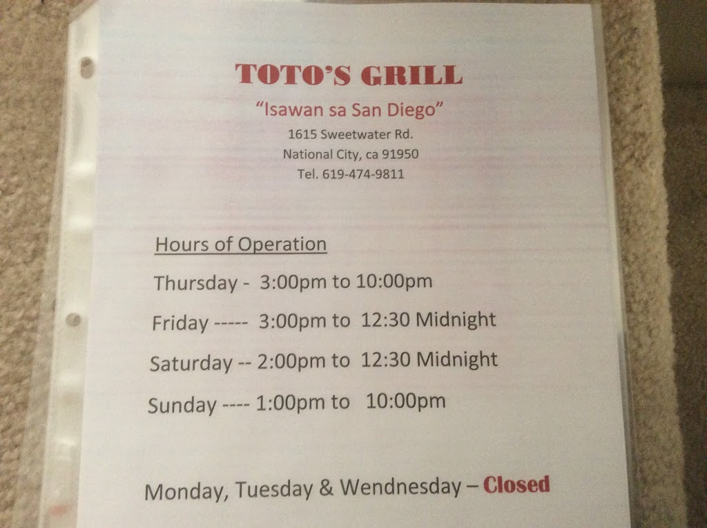 Totos grill ihaw na | 1615 Sweetwater Rd, National City, CA 91950, USA | Phone: (619) 474-9811