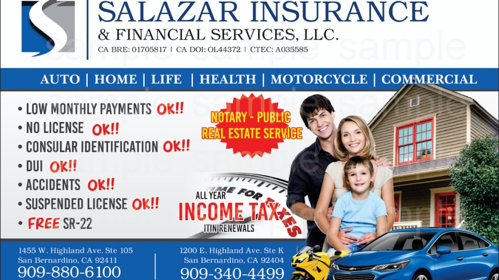 Salazar Insurance & Financial Services, LLC. | 1455 W Highland Ave # 105, San Bernardino, CA 92411, USA | Phone: (909) 880-6100
