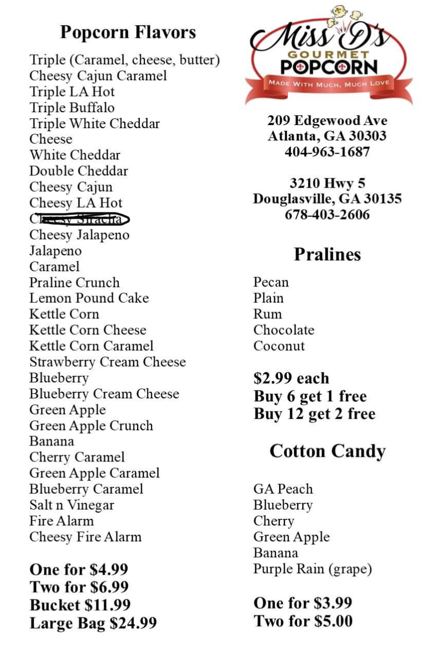 Miss D’s Gourmet Pralines & Popcorn | 3210 GA-5, Douglasville, GA 30135, USA | Phone: (404) 963-1687