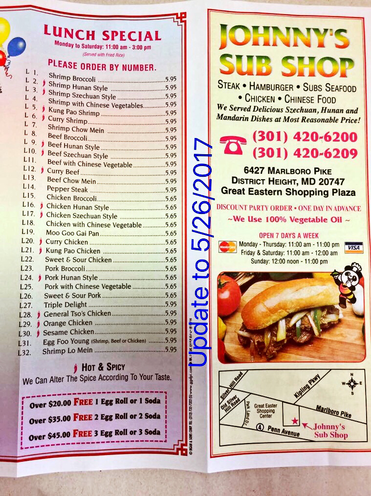 Johnnys Sub Shop | 6427 Marlboro Pike, District Heights, MD 20747, USA | Phone: (301) 420-6200