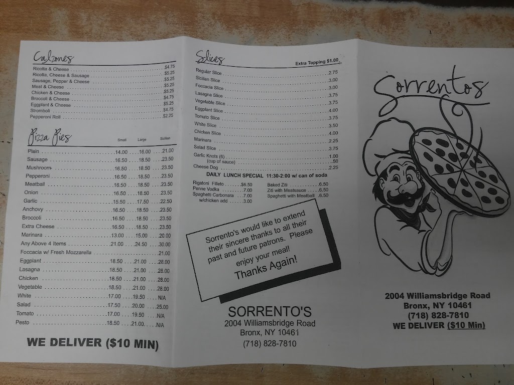 Sorrentos Pizzeria Restaurant | 2004 Williamsbridge Rd, Bronx, NY 10461, USA | Phone: (718) 828-7810