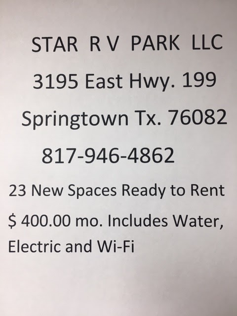 Star R V Park | 3195 E Hwy 199, Springtown, TX 76082, USA | Phone: (817) 666-3336