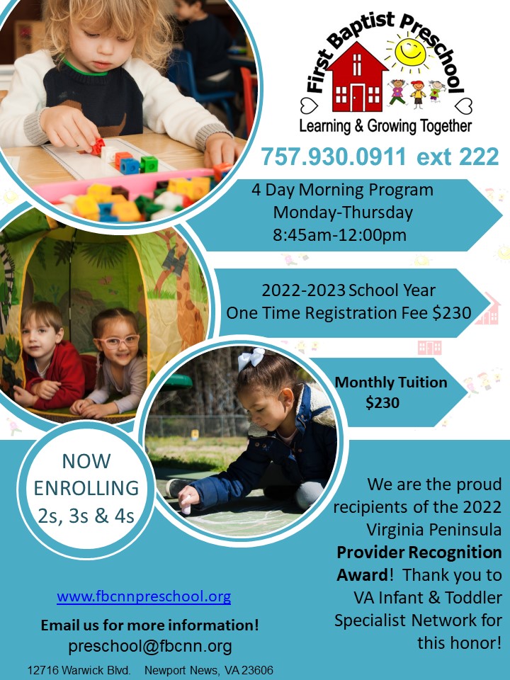 First Baptist Preschool LLC Newport News | 12716 Warwick Blvd, Newport News, VA 23606, USA | Phone: (757) 930-0911 ext. 222