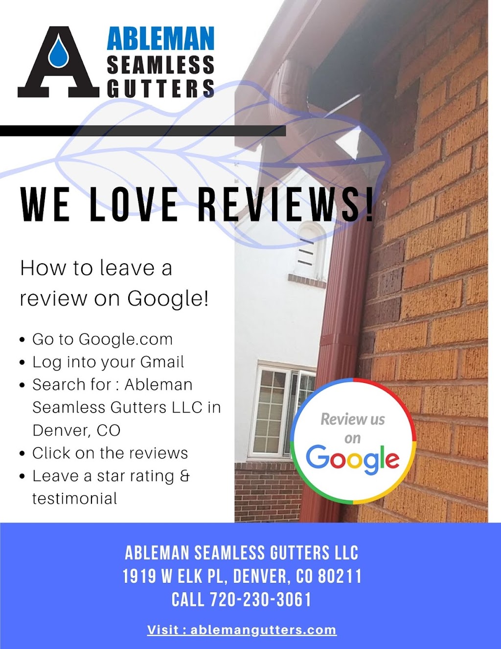 Ableman Seamless Gutters LLC | 2154 S Kalamath St, Denver, CO 80223, USA | Phone: (720) 524-6273