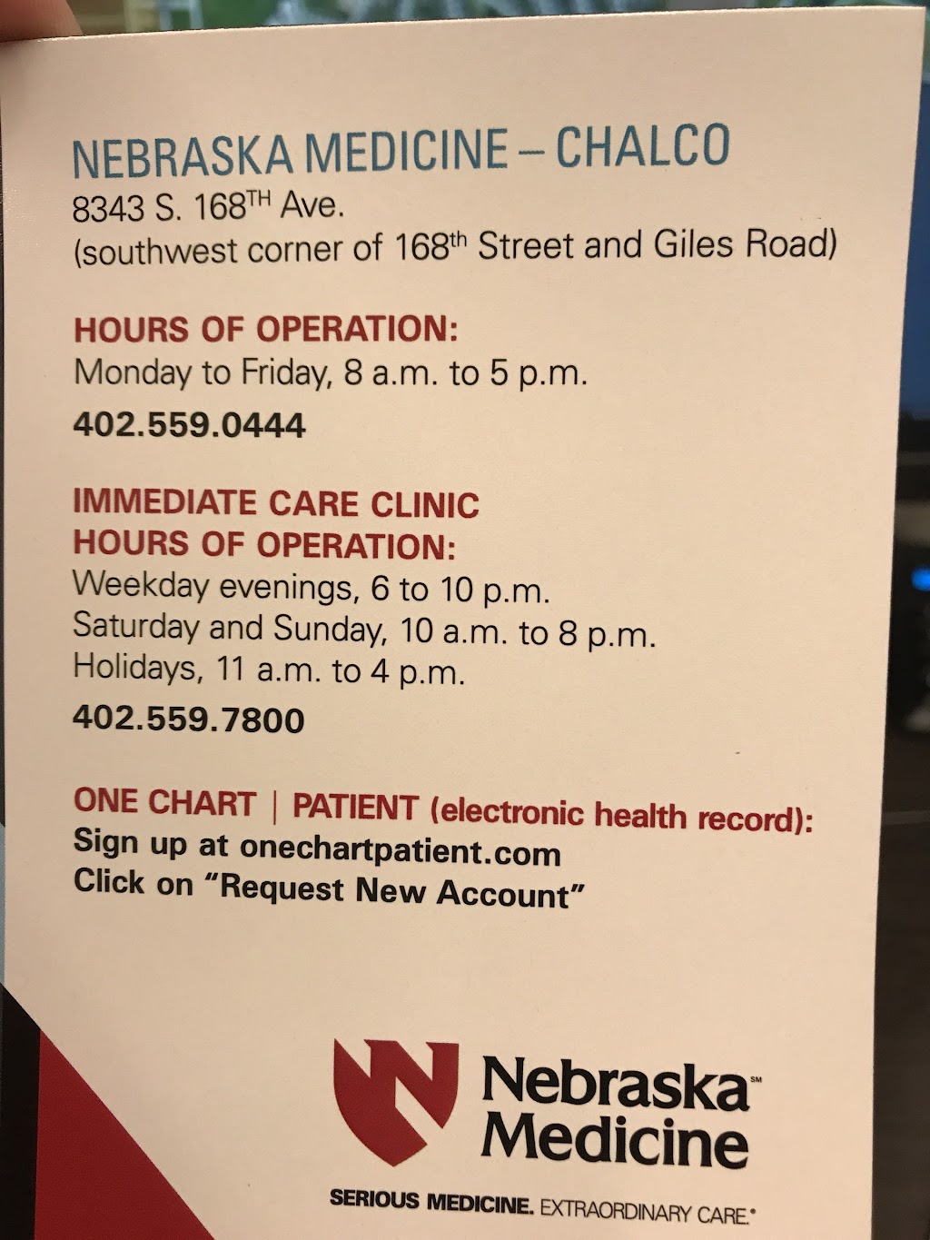 Nebraska Medicine Chalco Health Center | 8343 S 168th Ave, Omaha, NE 68136, USA | Phone: (402) 559-0444