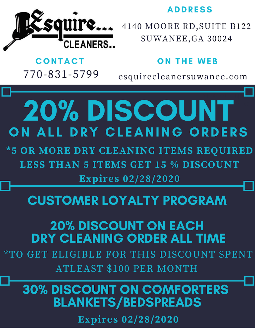 Esquire Cleaners | 4140 Moore Rd Suite B122, Suwanee, GA 30024 | Phone: (770) 831-5799