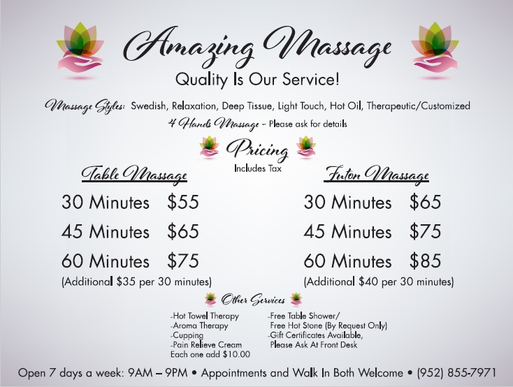 Amazing Massage | 7035 W Wayzata Blvd, St Louis Park, MN 55426, USA | Phone: (952) 855-7971