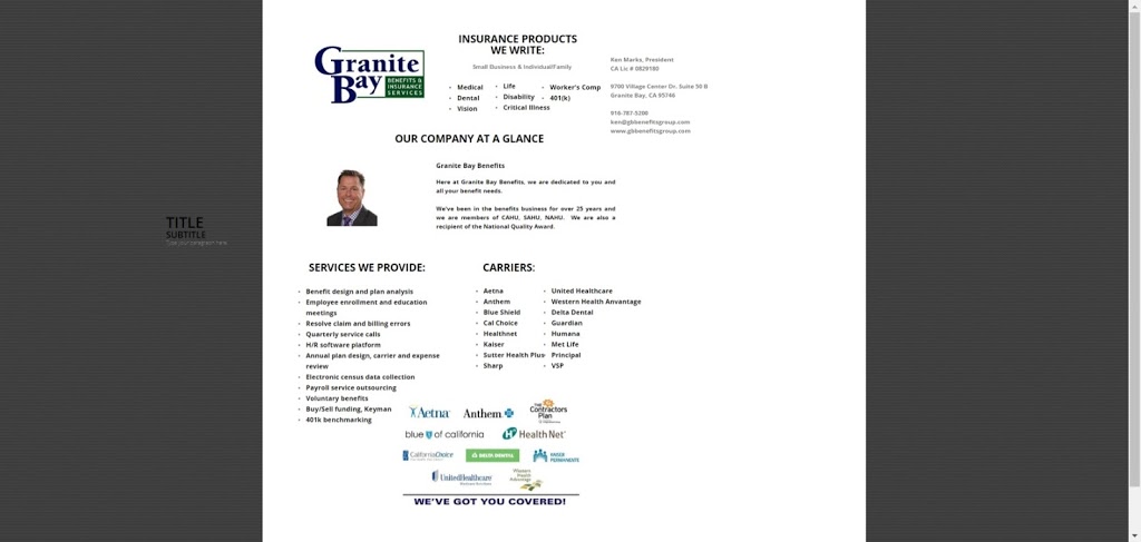 Granite Bay Benefits and Insurance Services | 9700 Village Center Dr 50 B, Granite Bay, CA 95746, USA | Phone: (916) 787-5200