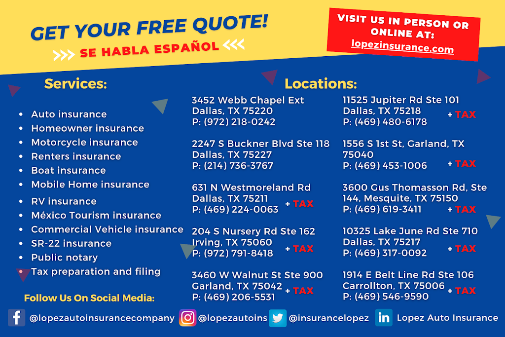 Lopez Auto Insurance | 1914 E Belt Line Rd Ste 106, Carrollton, TX 75006, USA | Phone: (972) 418-1500