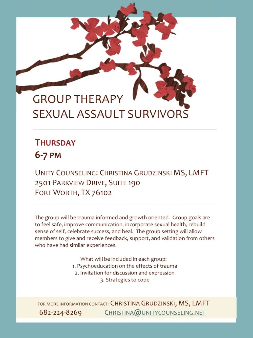 Unity Counseling: Christina Grudzinski M.S., LMFT, LPC, CST | 6777 Camp Bowie Blvd #332, Fort Worth, TX 76116, USA | Phone: (682) 224-8269