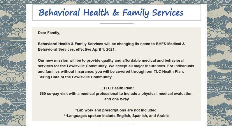 BHFS Medical & Behavioral Services | 860 Hebron Pkwy Suite 302, Lewisville, TX 75057, USA | Phone: (866) 932-0440