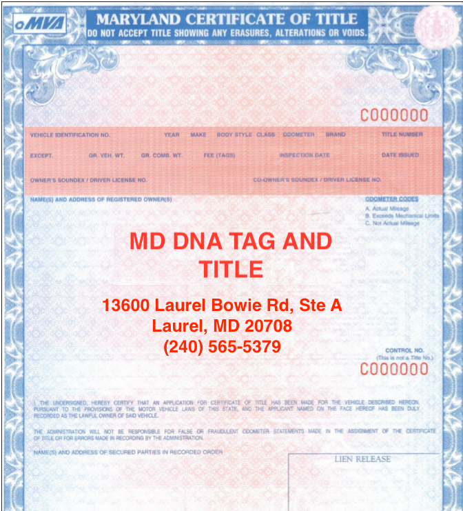 MD DNA Tag and Title | 13600 Laurel Bowie Rd A, Laurel, MD 20708, USA | Phone: (240) 565-5379