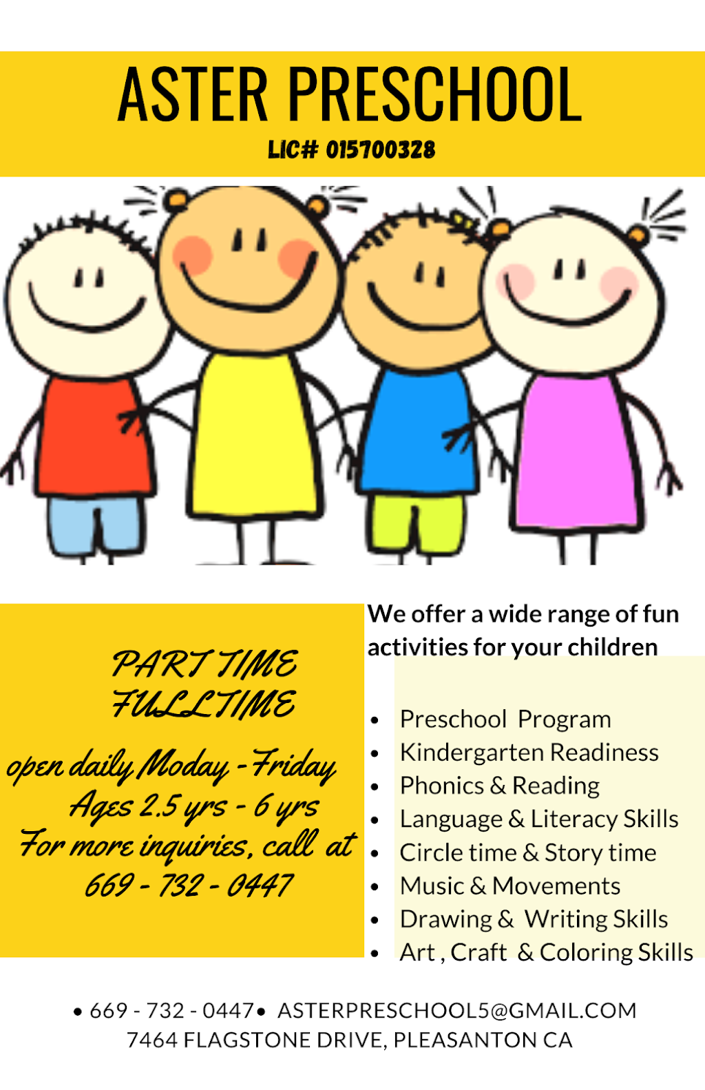 Aster Preschool | 7464 Flagstone Dr, Pleasanton, CA 94588, USA | Phone: (669) 732-0447