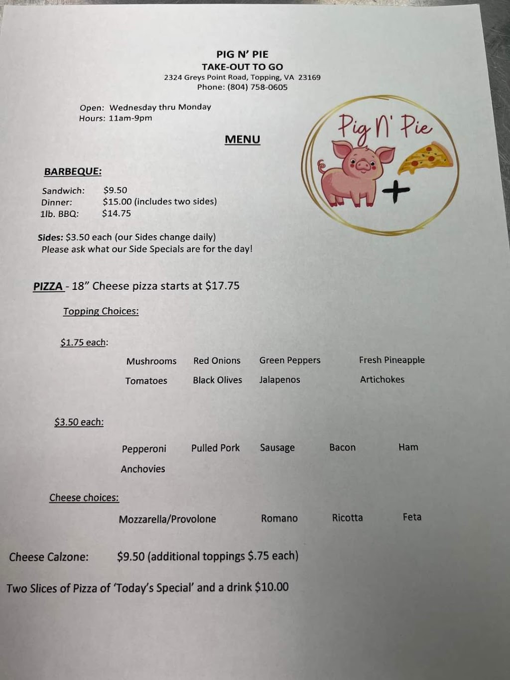 Pig & Pie | 2324 Greys Point Rd, Topping, VA 23169, USA | Phone: (804) 758-0605