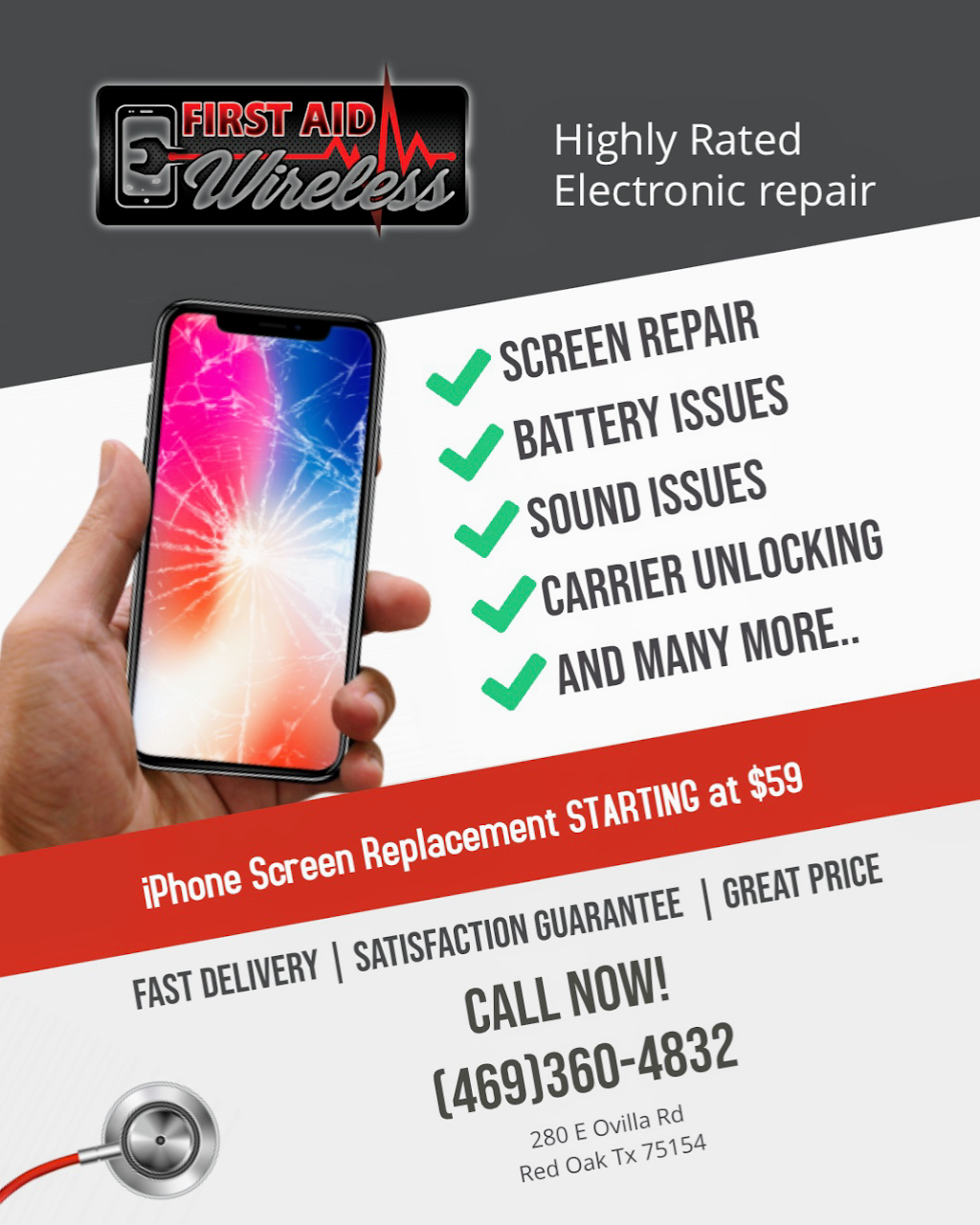 First Aid Wireless - iPhone, iPad, Laptop, Game system Repairs | 280 East Ovilla Road, Red Oak, TX 75154, USA | Phone: (469) 360-4832