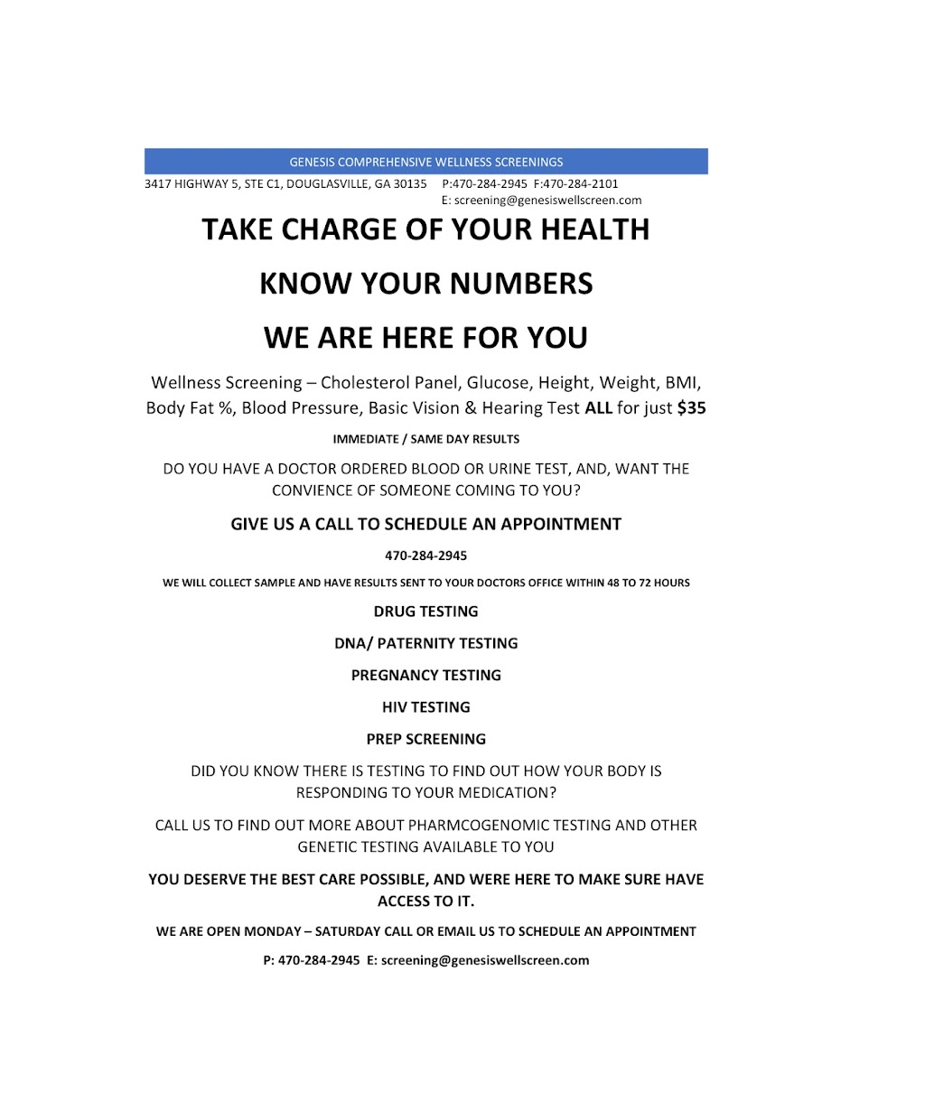 Genesis Comprehensive Wellness Screenings Llc | 3417 GA-5, Douglasville, GA 30135, USA | Phone: (470) 284-2945