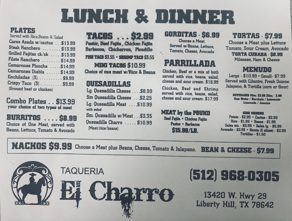 Taqueria El Charro | 13420 TX-29, Liberty Hill, TX 78642, USA | Phone: (512) 968-0305