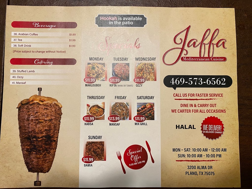 Jaffa Mediterranean Cuisine | 3200 Alma Dr, Plano, TX 75075, USA | Phone: (469) 573-6562