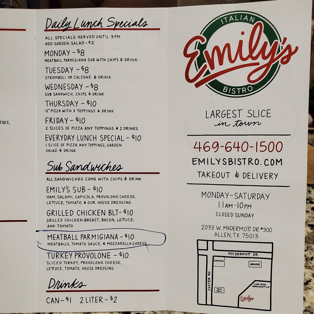 Emilys Italian Bistro | 2033 W McDermott Dr Ste 300, Allen, TX 75013, USA | Phone: (469) 640-1500