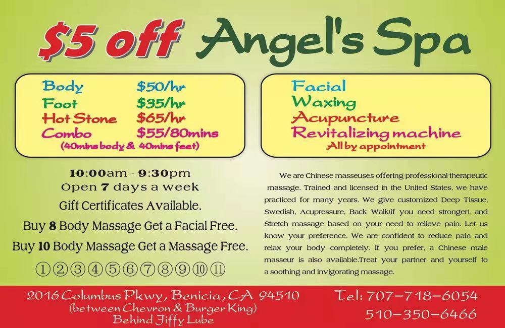 Angels Spa | 2016 Columbus Pkwy, Benicia, CA 94510, USA | Phone: (510) 350-6466