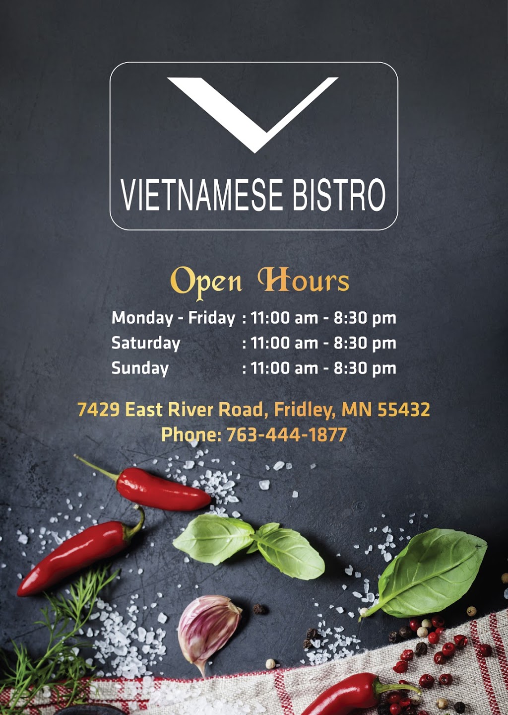 V-Bistro (Viet Bistro) | 7429 E River Rd, Fridley, MN 55432 | Phone: (763) 444-1877