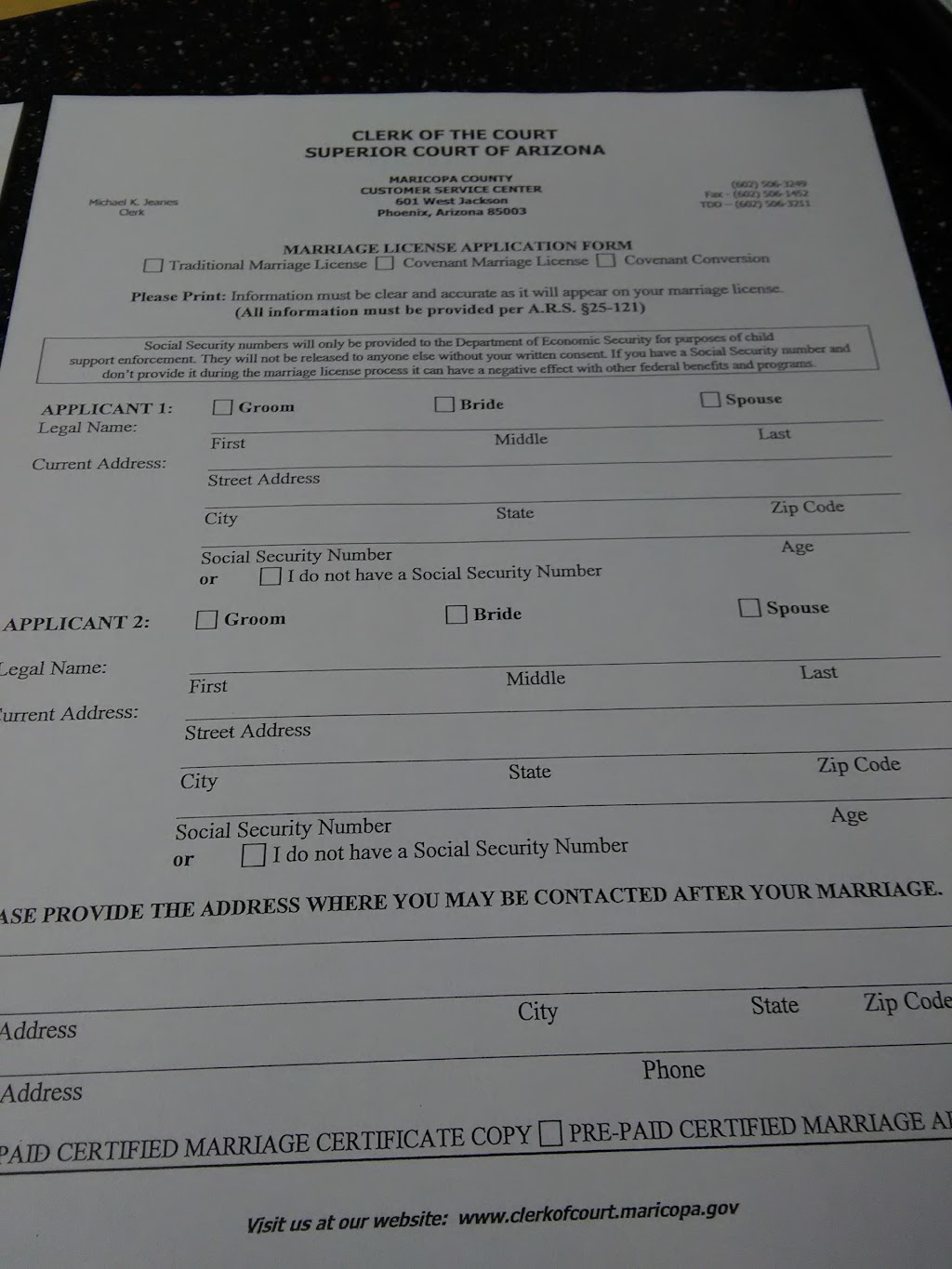 Maricopa County Marriage License | 601 W Jackson St, Phoenix, AZ 85003, USA | Phone: (602) 372-5375