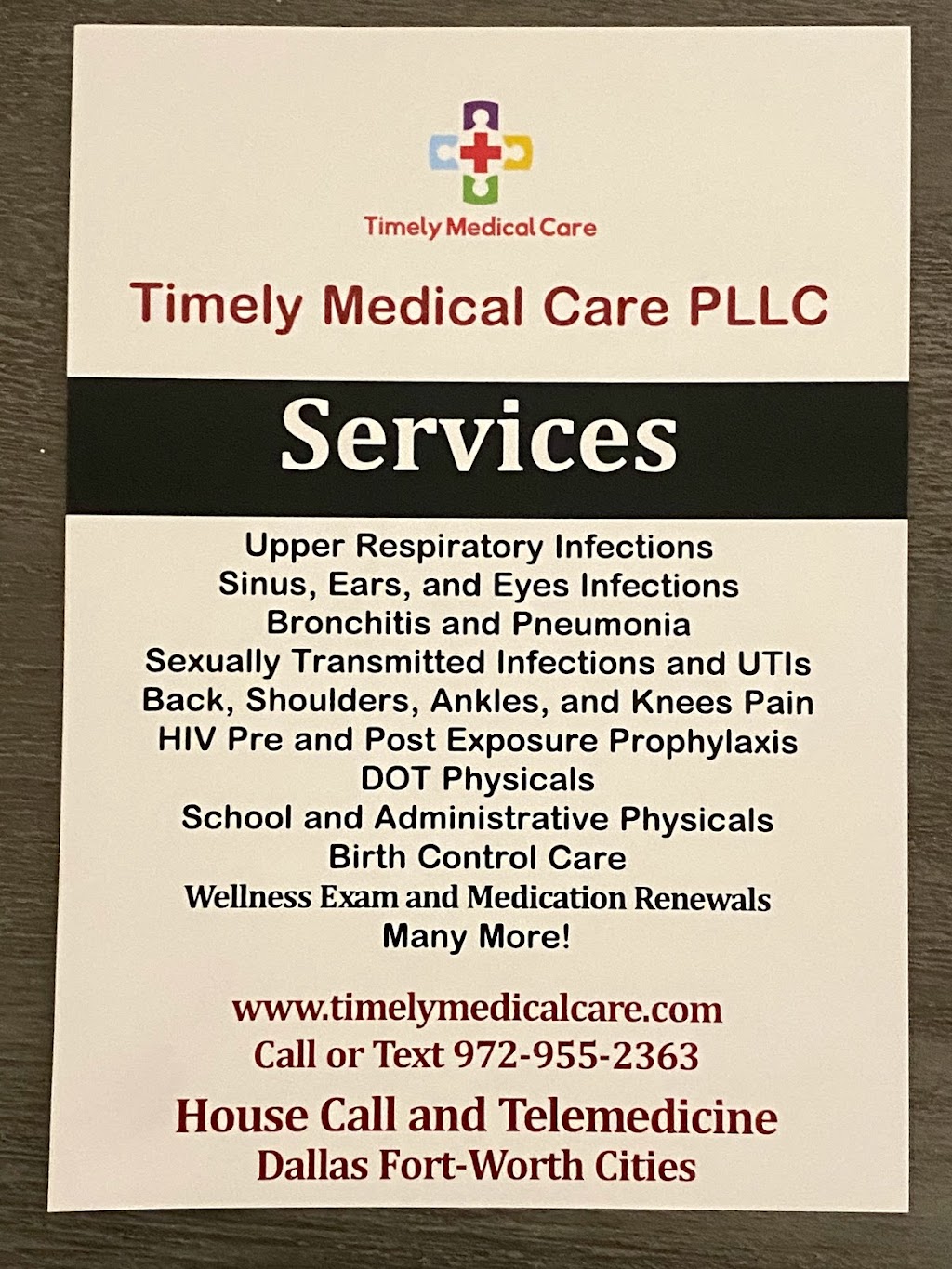 Timely Medical Care PLLC | 808 School House Rd Suite 110, Haslet, TX 76052, USA | Phone: (972) 955-2363