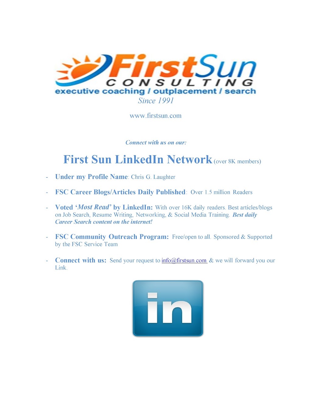 First Sun Consulting, LLC- Outplacement Services | 5365 Robinhood Rd, Winston-Salem, NC 27106, USA | Phone: (866) 311-2514