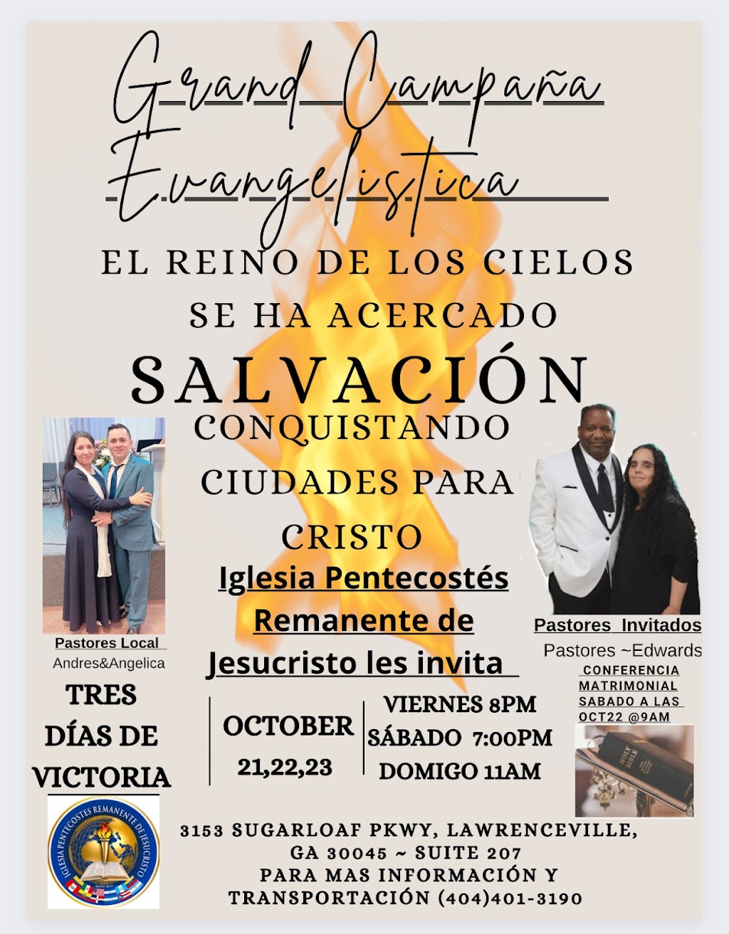 Iglesia Pentecostés Remanente de Jesucristo.inc | 3153 Sugarloaf Pkwy suite 206, Lawrenceville, GA 30045, USA | Phone: (404) 401-3190