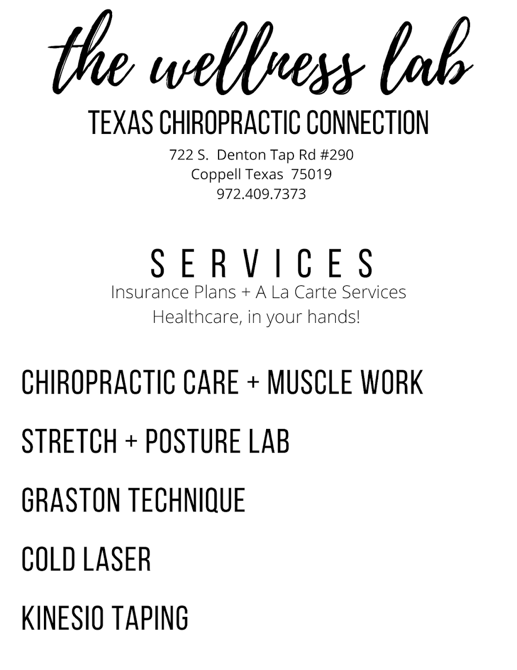 the wellness lab + Texas Chiropractic Connection | 722 S Denton Tap Rd #290, Coppell, TX 75019, USA | Phone: (972) 409-7373