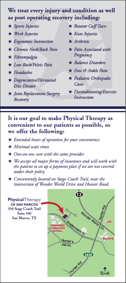 Physical Therapy of San Marcos | 350 Stagecoach Trail #100, San Marcos, TX 78666, USA | Phone: (512) 886-3701