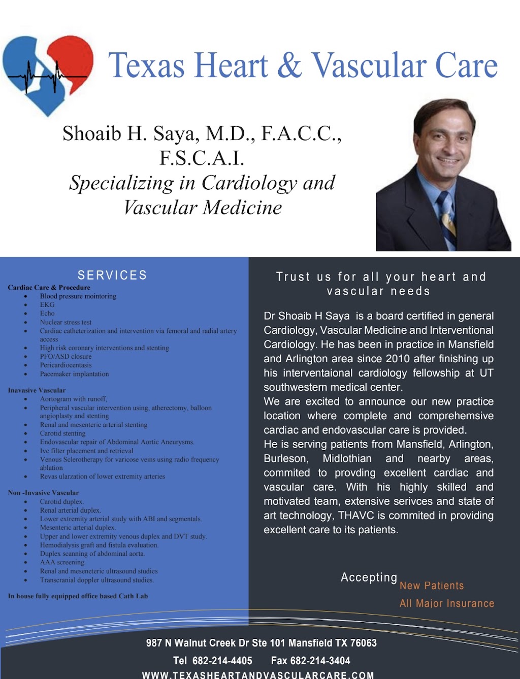 Dr Shoaib Saya MD Texas Heart and Vascular Care | 987 N Walnut Creek Dr Suite 101, Mansfield, TX 76063, USA | Phone: (682) 214-4405