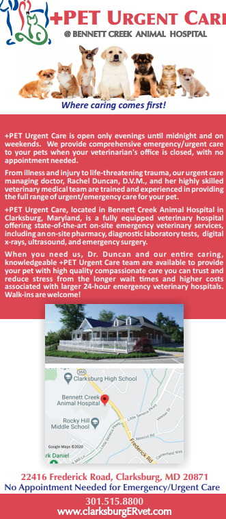 PET Urgent Care - at Bennett Creek Animal Hospital | 22416 Frederick Rd, Clarksburg, MD 20871, USA | Phone: (301) 515-8800