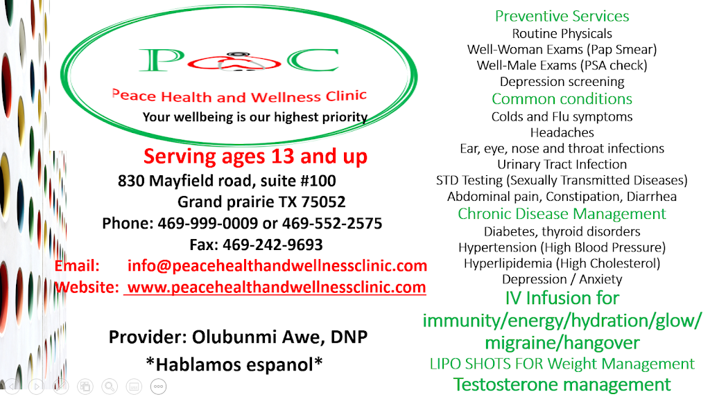 Peace Health and wellness clinic | 830 Mayfield Rd, Grand Prairie, TX 75052, USA | Phone: (469) 999-0009