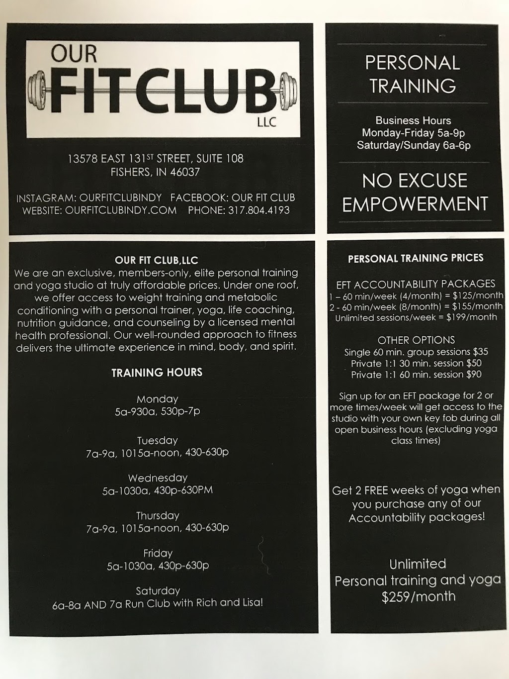 Our Fit Club Indy | 13578 E 131st St #108, Fishers, IN 46037, USA | Phone: (317) 804-4193