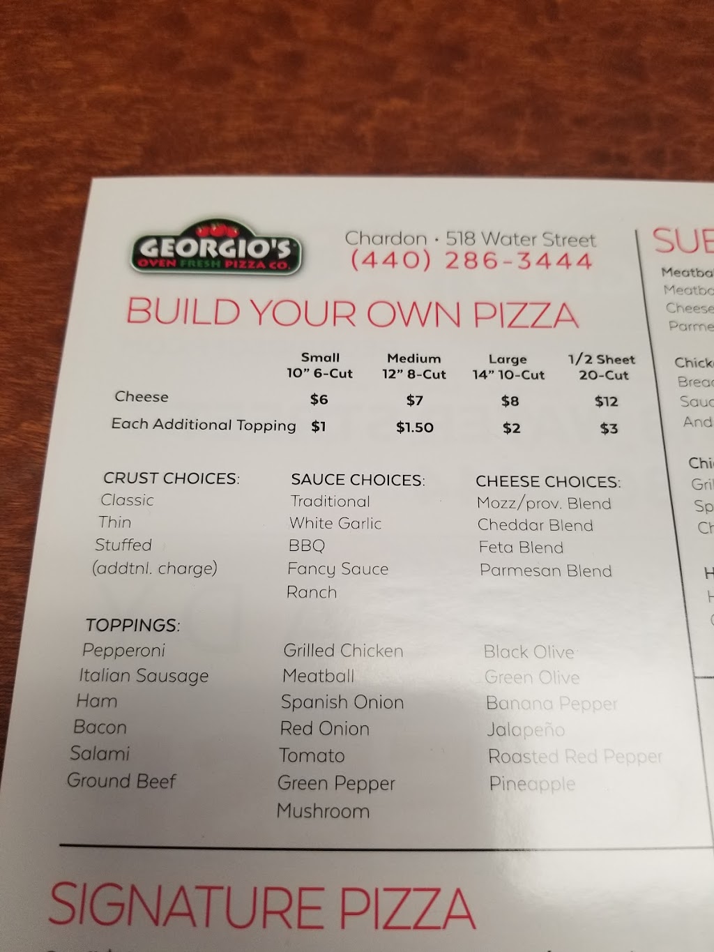 Georgios Oven Fresh Pizza Co | 518 Water St, Chardon, OH 44024, USA | Phone: (440) 286-3444