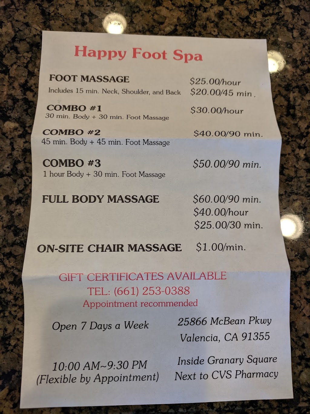 Happy Foot Spa | 25866 McBean Pkwy, Valencia, CA 91355, USA | Phone: (661) 253-0388