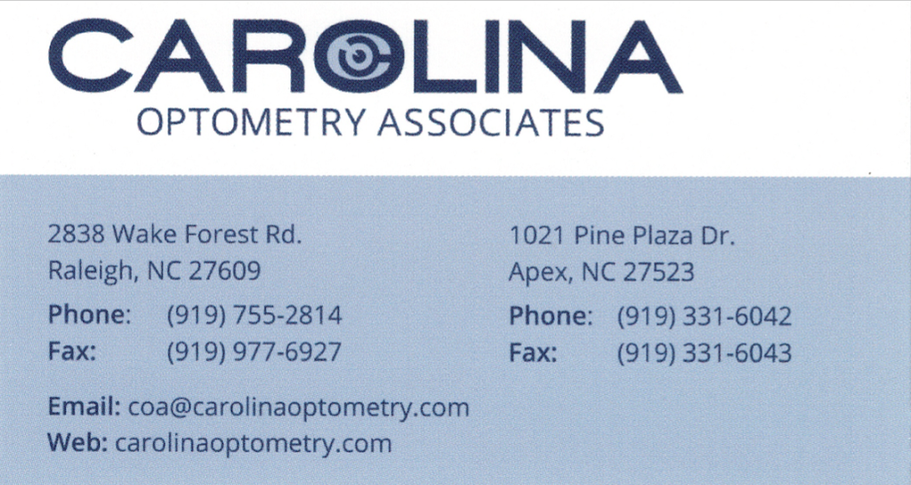 Carolina Optometry Associates | 1021 Pine Plaza Dr, Apex, NC 27523, USA | Phone: (919) 331-6042