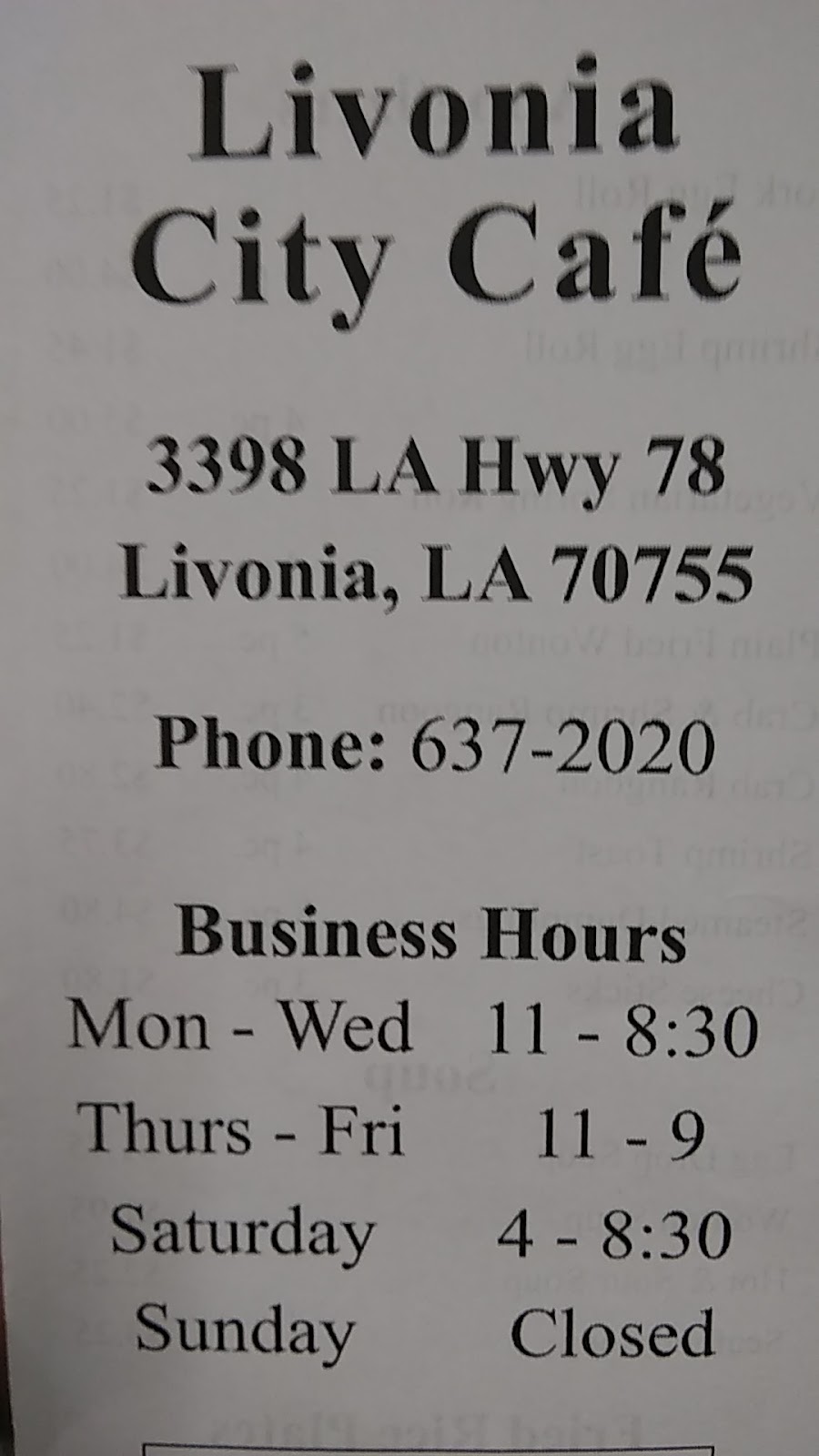 Livonia City Cafe | 3398 LA-78, Livonia, LA 70755, USA | Phone: (225) 637-2020
