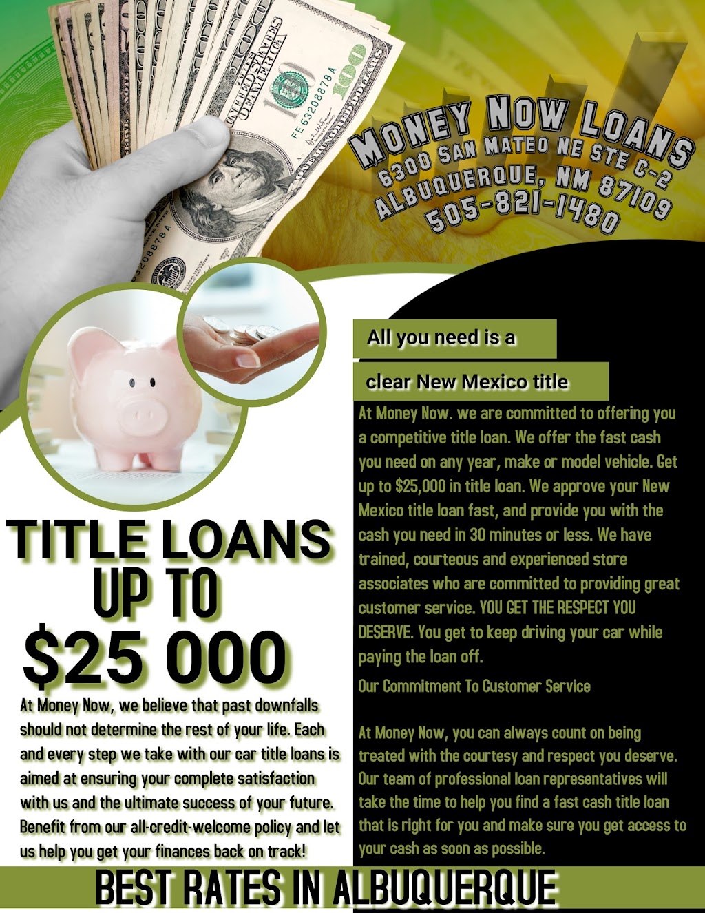 Money Now Loans | 6300 San Mateo Blvd NE c-2, Albuquerque, NM 87109, USA | Phone: (505) 821-1480