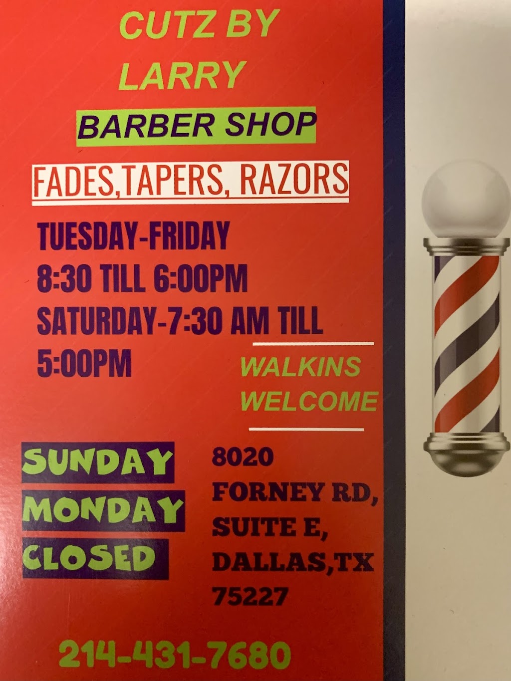 CUTZ BY LARRY BARBER BEAUTY SHOP | 8020 Forney Rd SUITE E, Dallas, TX 75227, USA | Phone: (214) 431-7680