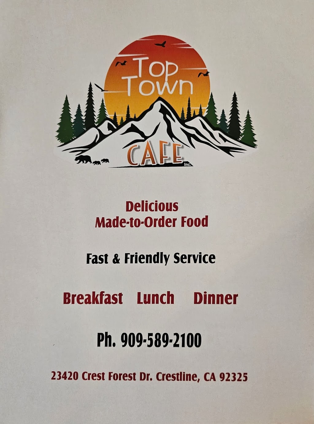 Top Town Cafe | 23420 Crest Forest Dr, Crestline, CA 92325, USA | Phone: (909) 589-2100