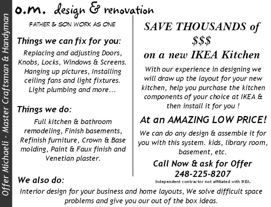 O.M. Design and Renovation LLC. | 26342 Dundalk St, Farmington Hills, MI 48334 | Phone: (248) 225-8207