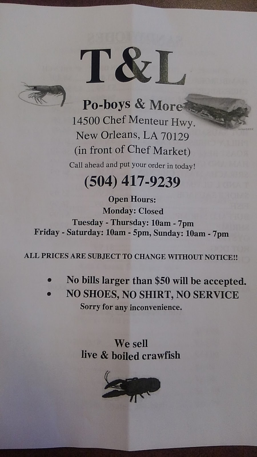T&L po-boys & more | 14500 Chef Menteur Hwy, New Orleans, LA 70129, USA | Phone: (504) 417-9239