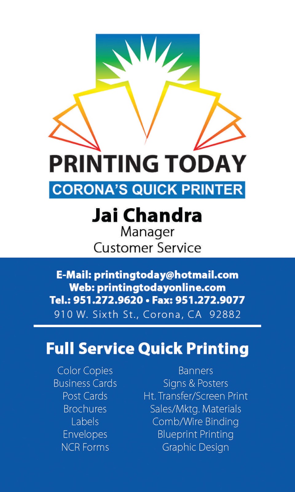 Printing Today | 910 W 6th St, Corona, CA 92882, USA | Phone: (951) 272-9620